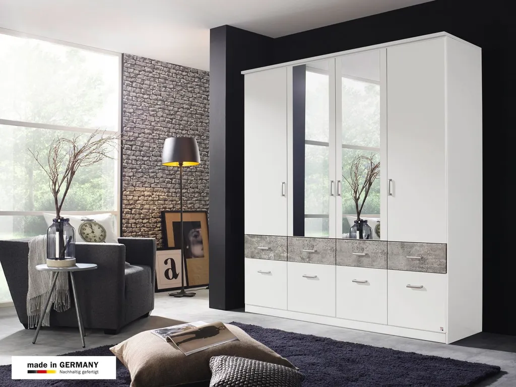 Kleiderschrank BREMEN - EXTRA Drehtürenschrank Mit Spiegel Betonoptik - Weiß 181 Cm - Die Möbelfundgrube – Bild 2