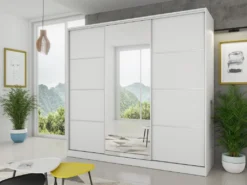 Kleiderschrank Schwebetürenschrank ATLIS Schrank Garderobe Spiegel Weiß 200 Cm
