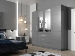 Mirjan24 Kleiderschrank Tytus D4, Drehtürenschrank, Garderobenschrank Mit Spiegel, Schlafzimmer (Farbe: Graphite)
