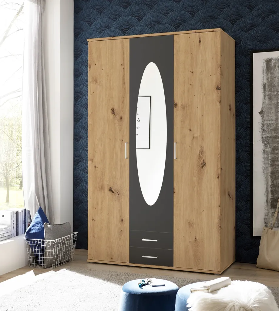 Kleiderschrank "Kassel" In Artisan Eiche / Graphit Mit 2 Schubladen Und 3 Türen. Abmessungen (BxHxT) 120x195x55 Cm – Bild 3