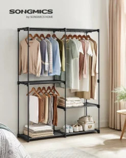 SONGMICS Kleiderschrank Offen, Kleiderständer, Kleiderstange, Garderobe, 43 X 138 X 182 Cm, 3 Hängefächer, Viel Platz, Für Schlafzimmer, Wohnzimmer, Schwarz RYG025B02
