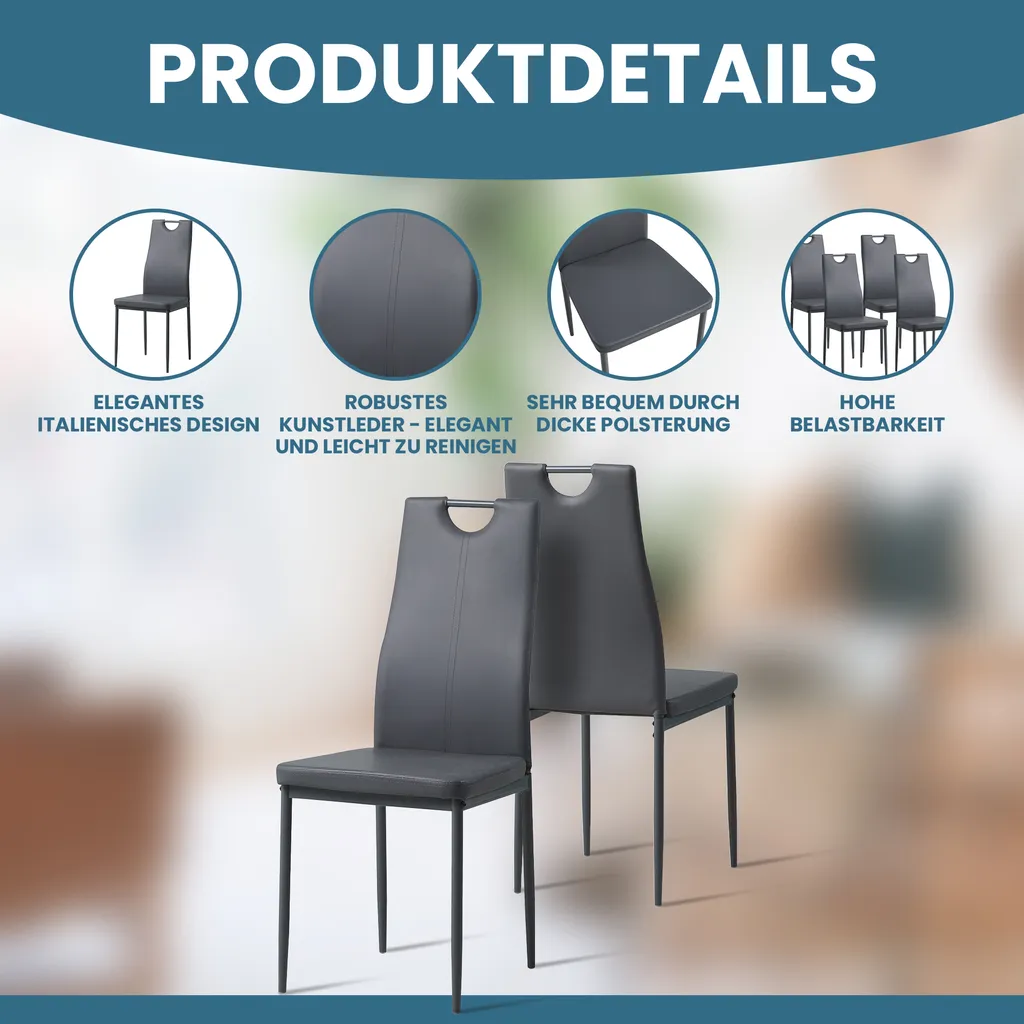 Albatros Esszimmerstühle SALERNO 6er Set, Grau - Edles Italienisches Design, Polsterstuhl Kunstleder-Bezug, Modern Und Stilvoll Am Esstisch - Küchenstuhl, Stuhl Esszimmer Hohe Belastbarkeit – Bild 2