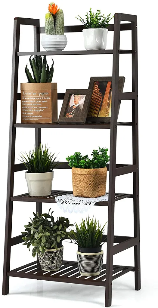 4 Etagen Leiterregal Aus Bambus, Standregal, Blumenregal, Pflantzenregal, Bücherregal Für Balkon & Arbeitszimmer&Wohnzimmer, 48x32x115cm (Braun)