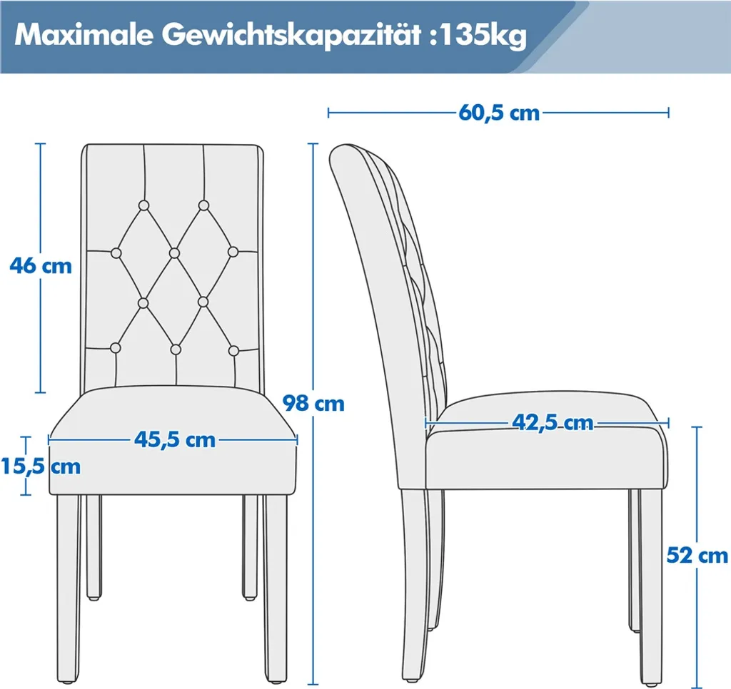 Yaheetech Esszimmerstühle 2er Set Küchenstuhl Polsterstuhl Mit Hoher Rückenlehne, Beine Aus Massivholz, Gepolsterte Sitzfläche Aus Kunstleder Weiß – Bild 4