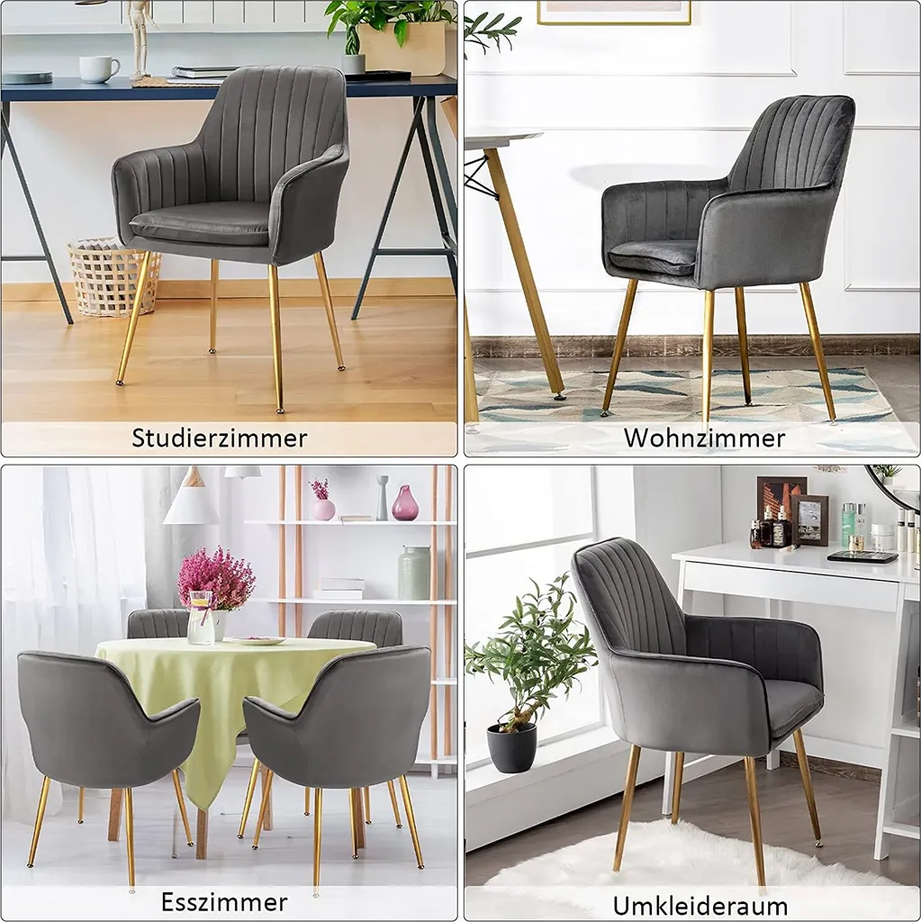 COSTWAY 2er Gepolsterte Esszimmerstühle,Samt Küchenstuhl Akzentsessel Mit Armlehnen & Rückenlehne,Polsterstuhl Wohnzimmerstuhl Mit Beinen In Goldoptik, Grau – Bild 2