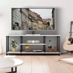 COSTWAY TV-Schrank Fernsehschrank TV-Regal Mit Metallrahmen, Fernsehtisch Wohnzimmerschrank Küchenschrank 110cm Breit Sideboard Für Fernseher (Grau)